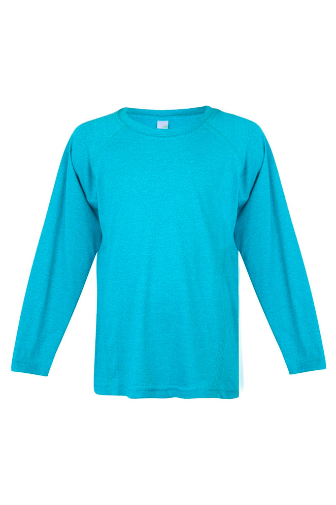 A teal long sleeve T-shirt featuring a relaxed fit and a brand logo. Soft texture and casual style.