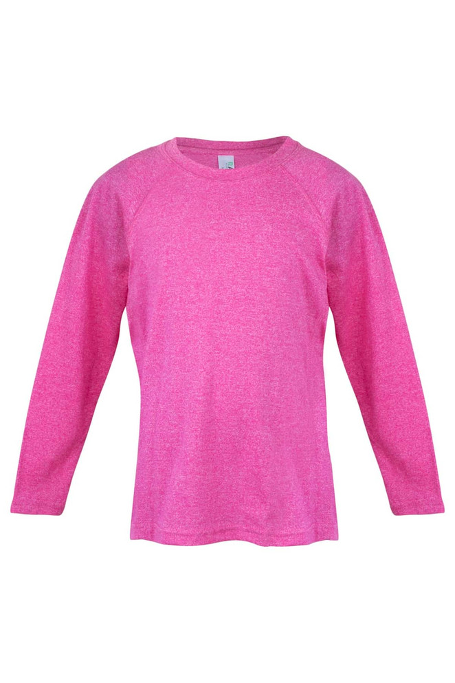 A long sleeve T-shirt in a vibrant pink hue, featuring a comfortable raglan design and a logo.