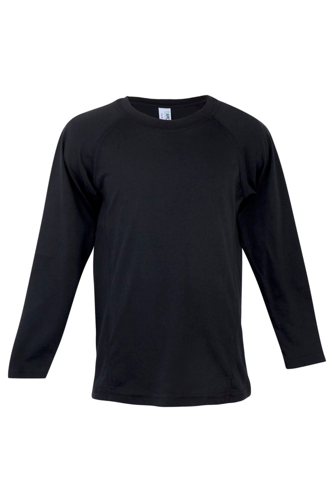 A black long sleeve T-shirt with raglan sleeves and a logo on the front.