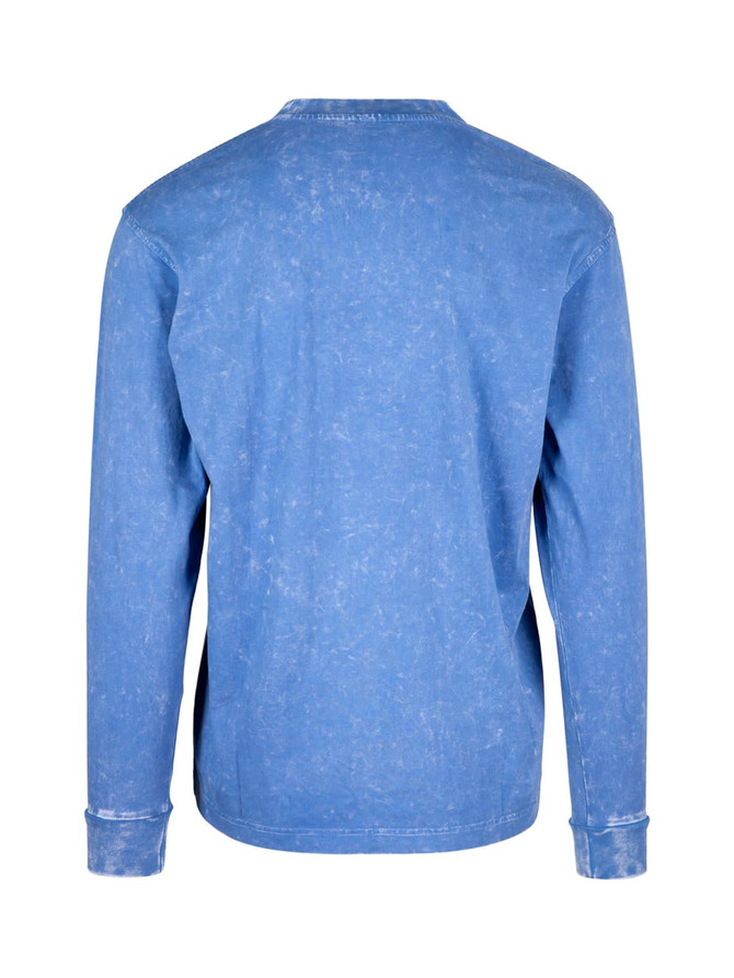 A blue stone wash long sleeve T-shirt with a simple design and a small logo on the back.