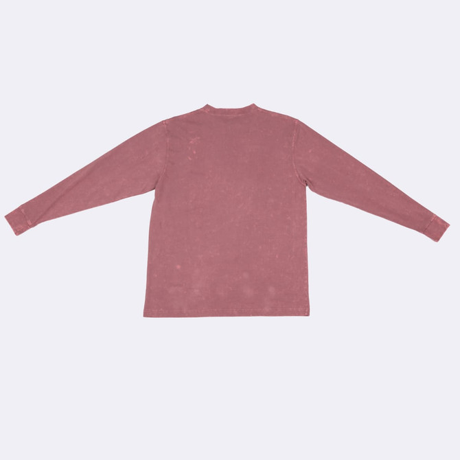A long sleeve, stone wash T-shirt in a faded rose colour, featuring a simple design and a logo.