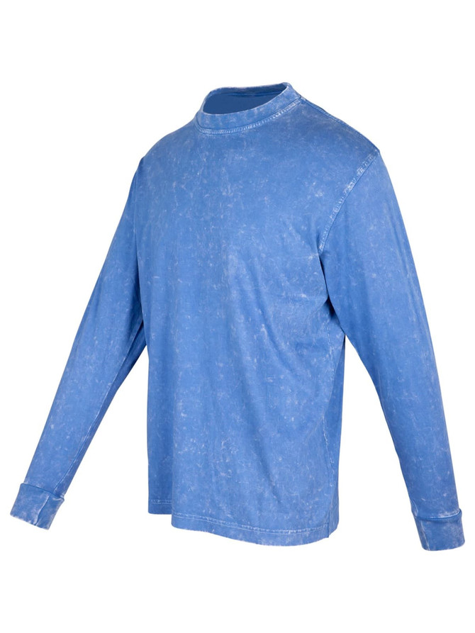 A blue stone wash long sleeve T-shirt featuring a casual style and a logo on the chest area.