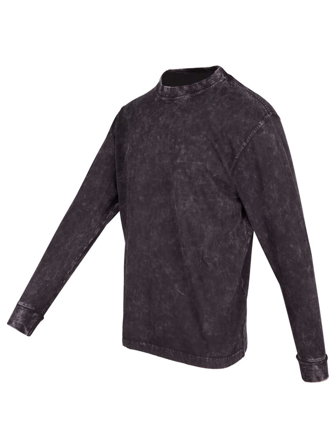 A stone wash long sleeve T-shirt in black, featuring a round neckline and long sleeves. It has a logo on the front.