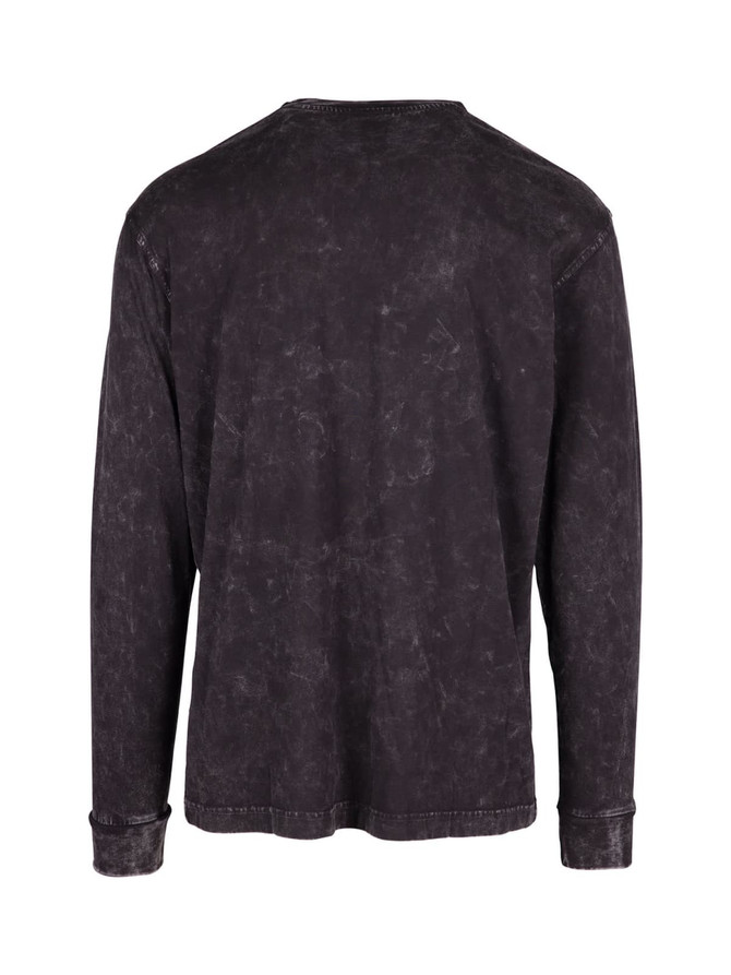 A black stone wash long sleeve T-shirt with a casual, textured appearance and a logo on the back.