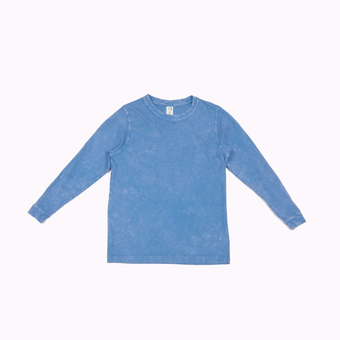 A blue stone wash long sleeve T-shirt with a round neckline and a logo on the label.
