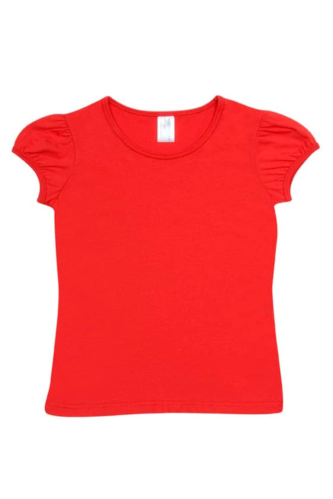 A red short puff sleeve T-shirt with a round neckline and gathered sleeves. It features a label inside.