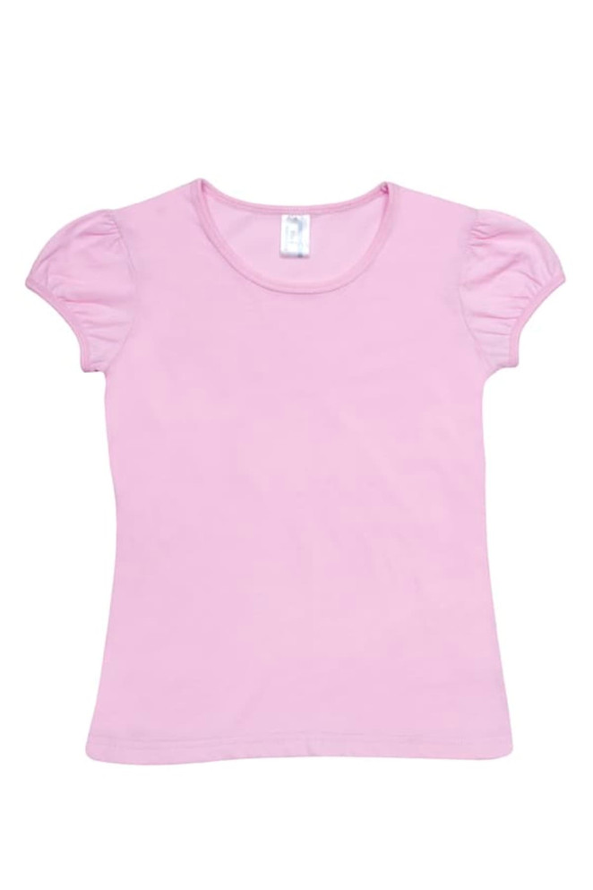 A pink girls' short puff sleeve T-shirt with a round neckline and a logo on the label.