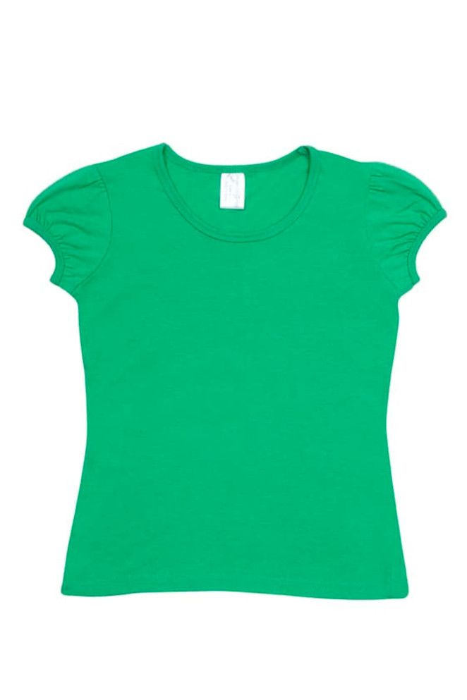 A bright green short puff sleeve T-shirt with a rounded neckline. It features a label inside and no visible branding.