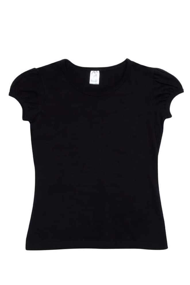 A black girls' short puff sleeve T-shirt with a round neckline. It features a small logo tag.