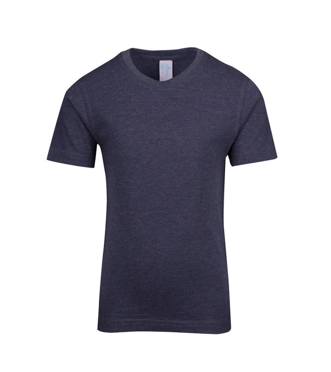 A navy blue kids' crew neck T-shirt with short sleeves and a plain design, featuring a logo in a small label.