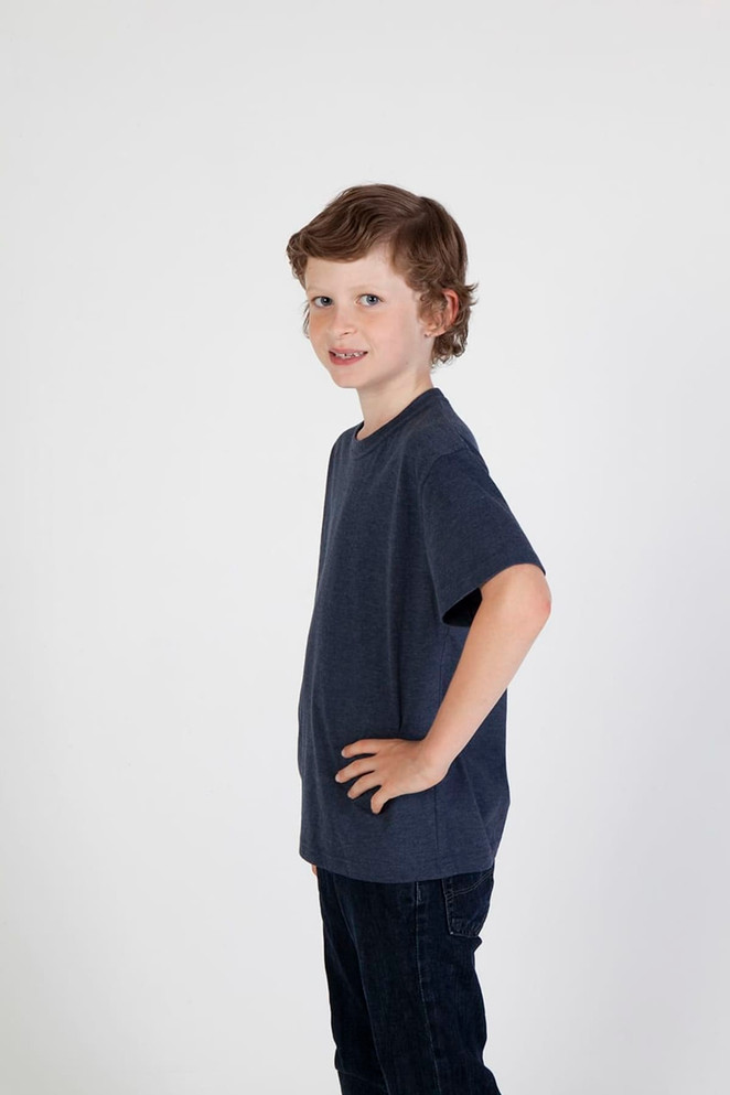 A navy blue crew neck T-shirt for kids, featuring short sleeves and a relaxed fit. Includes a brand logo.