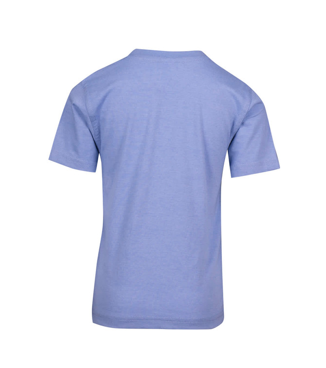 A light blue crew neck t-shirt for kids, featuring short sleeves and a plain back. It has a branding logo.