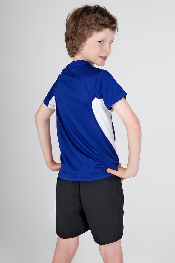 A blue and white Kids Accelerator Cool-Dry T-shirt, modelled by a child from the back, wearing black shorts.