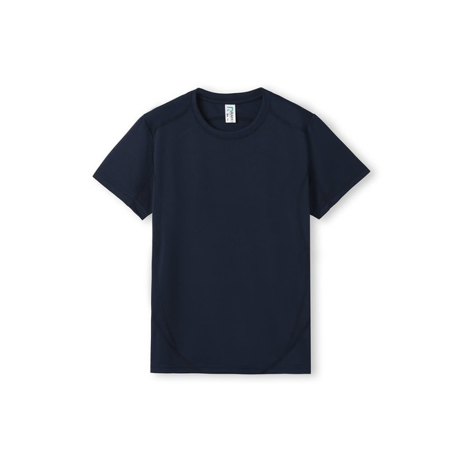 A navy blue children's T-shirt with a round neckline and short sleeves. It features a brand logo.