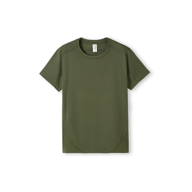 A green Kids Accelerator Cool-Dry T-shirt featuring short sleeves and a logo on the label.