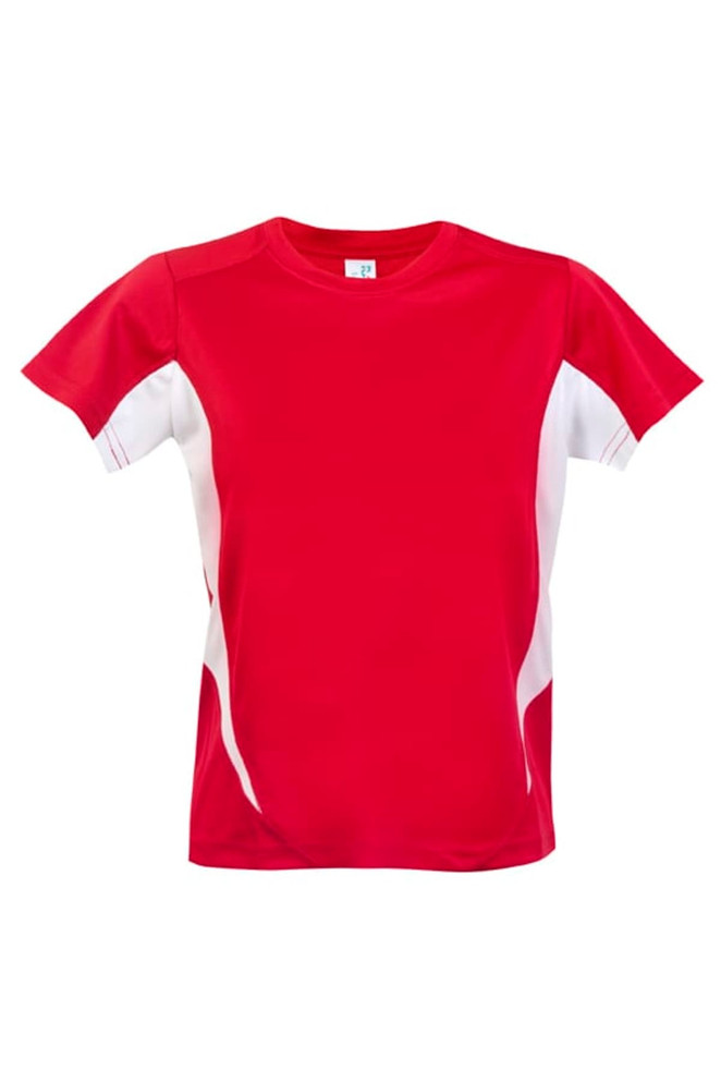 A red and white Kids Accelerator Cool-Dry T-shirt featuring a logo. Suitable for active wear.
