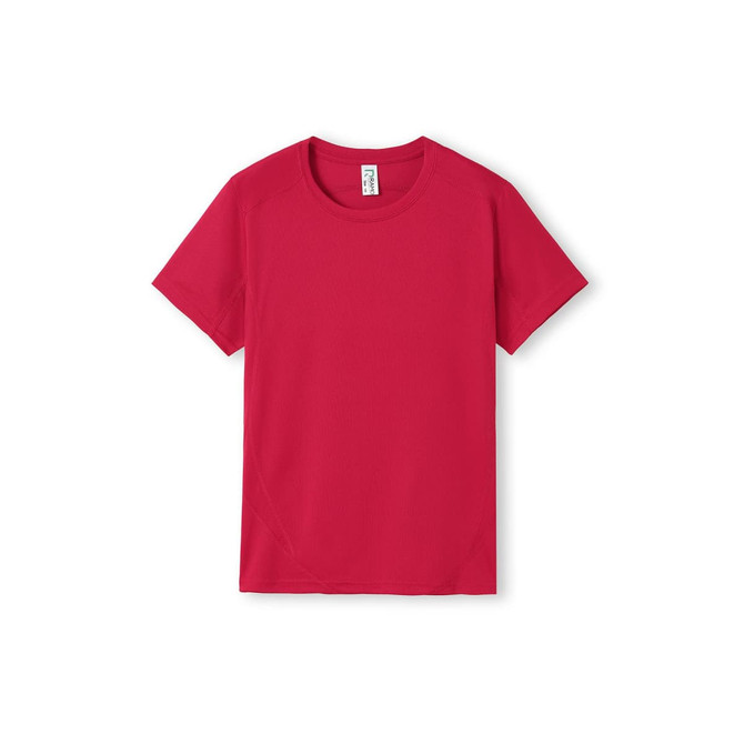 A red Kids Accelerator Cool-Dry T-shirt with short sleeves and a sleek fit. The shirt features a logo.