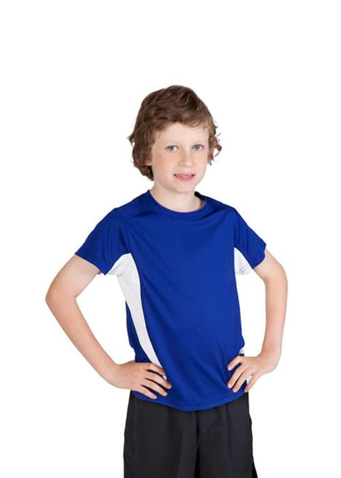 A blue and white kids' T-shirt with short sleeves, featuring a logo, worn by a smiling child with curly hair.