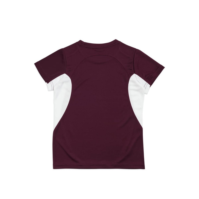 A maroon and white Kids Accelerator Cool-Dry T-shirt featuring a sporty design and a logo.