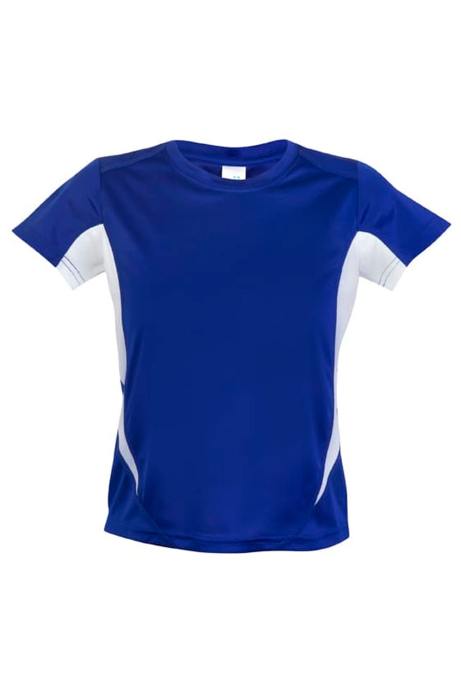A blue and white Kids Accelerator Cool-Dry T-shirt with short sleeves and a logo.