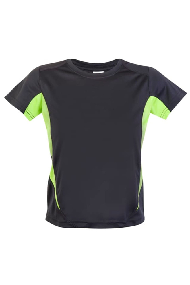A black and neon green Kids Accelerator Cool-Dry T-shirt featuring short sleeves and a branded logo.