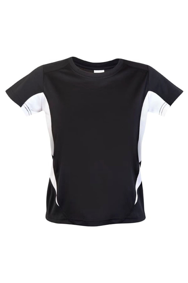 A black and white kids' T-shirt featuring a sleek design and a logo. Ideal for active wear.