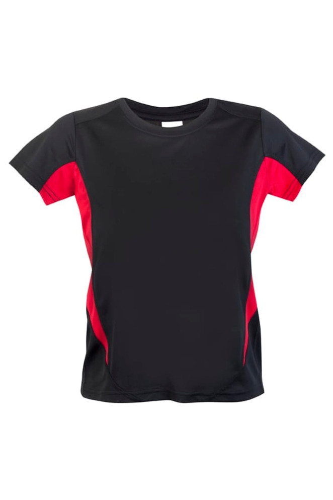 A black and red kids' T-shirt with short sleeves and a sporty design. It features a logo on the front.