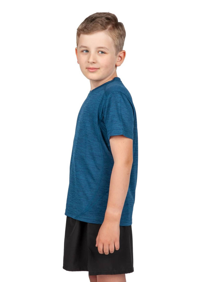 A blue 100% polyester T-shirt for kids, styled with a casual fit, worn by a child in a side profile.