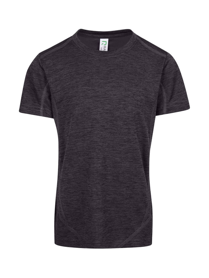 A black 100% polyester kid's T-shirt with a short sleeve design and a logo on the label.