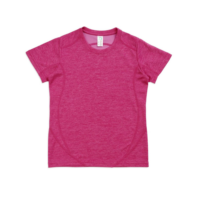 A pink children's T-shirt made from 100% polyester, featuring a logo and a sporty design.