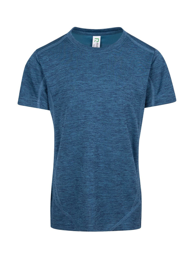 A blue children's T-shirt made of 100% polyester, featuring a brand logo.
