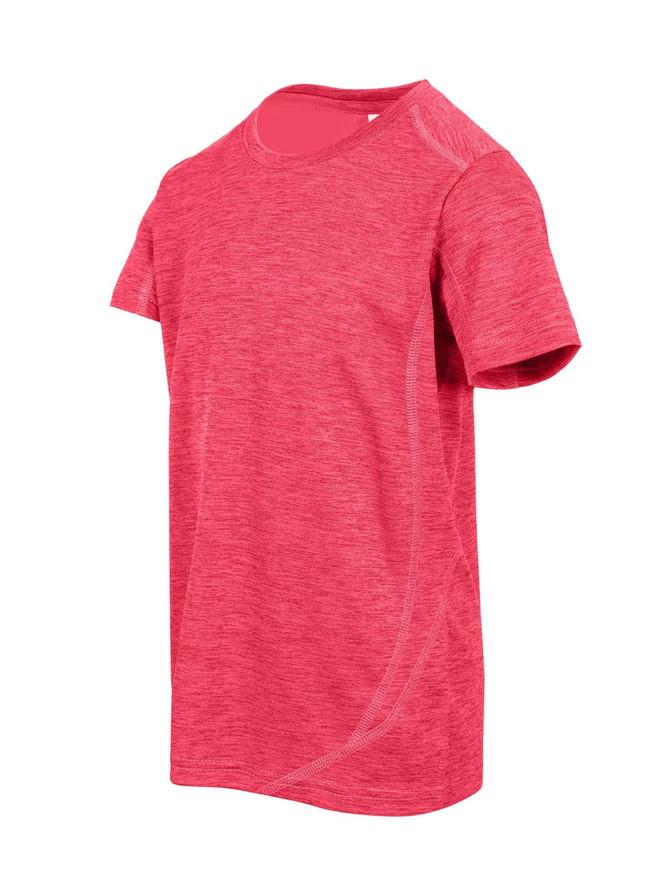 A red polyester T-shirt for kids with a textured finish and short sleeves, featuring a logo.