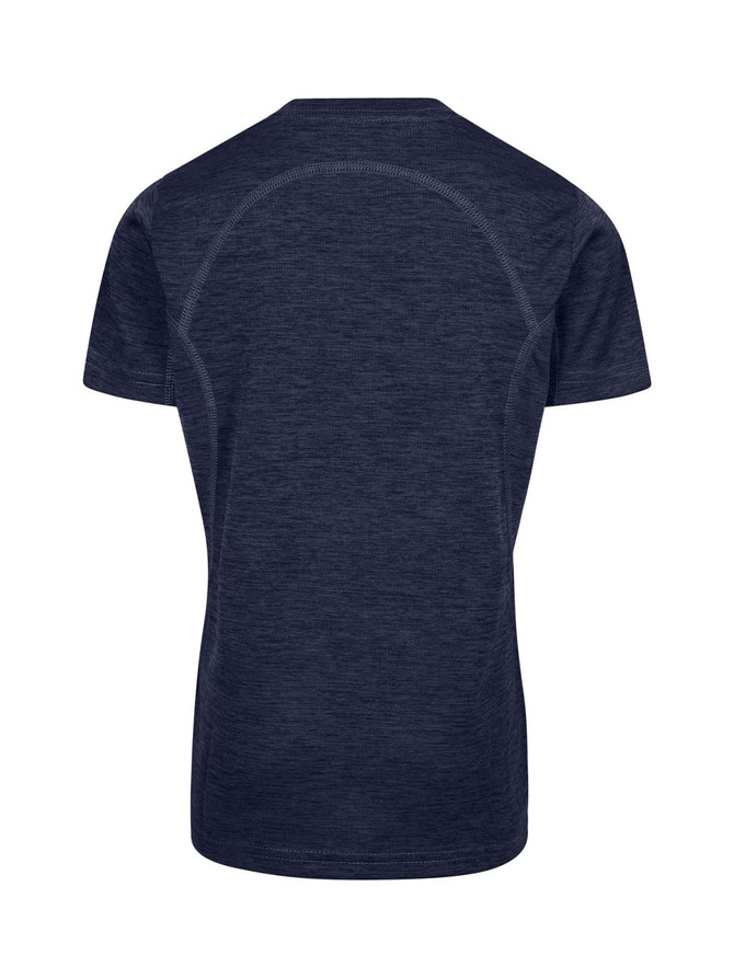 A navy blue kid's T-shirt made of 100% polyester, featuring a logo on the back.