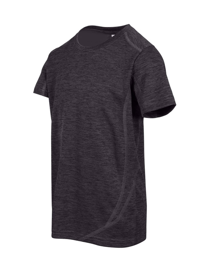 A grey kid's T-shirt made of 100% polyester, featuring a subtle texture and a logo.