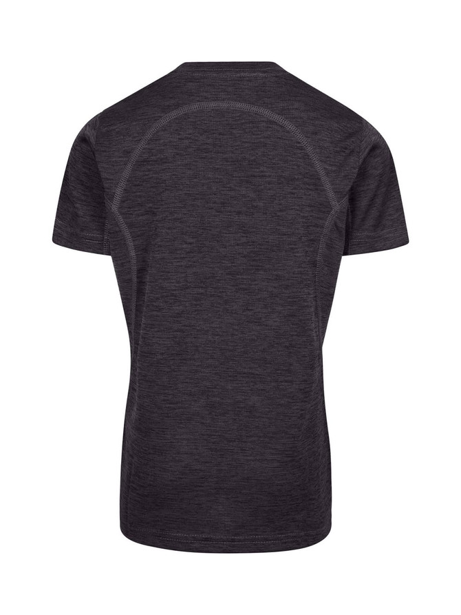 A black Kid's Challenger 100% polyester T-shirt, featuring short sleeves and a simple design. It has a logo displayed.