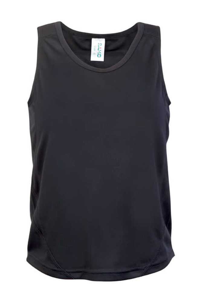 A black kids' singlet featuring a sleeveless design and a logo on the label.