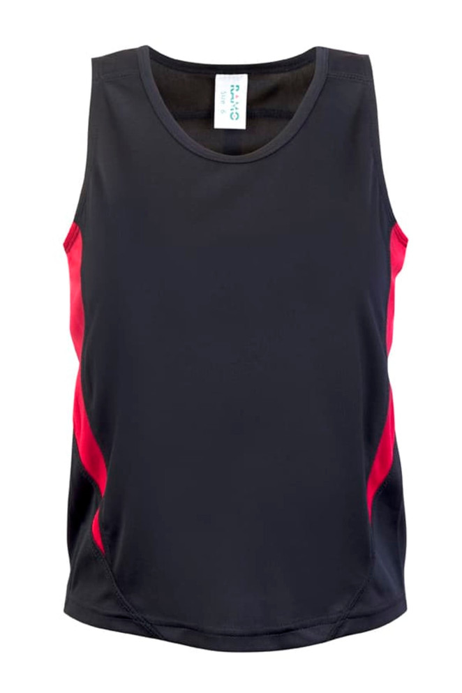 A black and red Kids Accelerator Cool-Dry Singlet featuring a logo on the label.