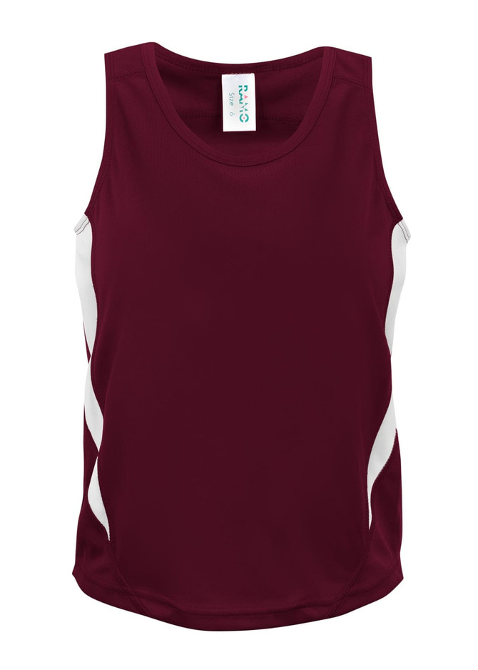 A maroon kids' singlet with white side accents and a logo on the label.