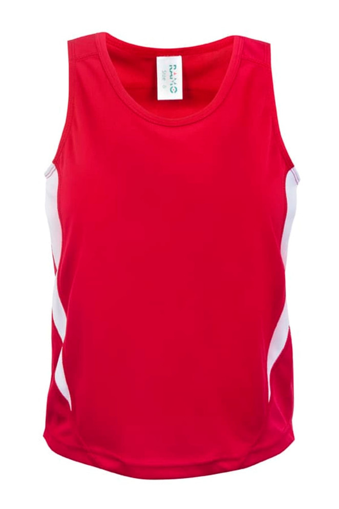 A red kids' singlet with white accents and a logo.