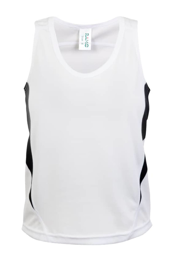 A white singlet with black side panels, featuring a logo. Ideal for kids' active wear.