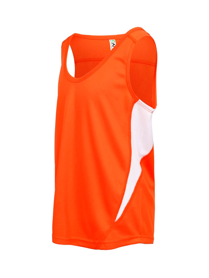 An orange singlet with white side panels, featuring a logo on the fabric. Ideal for kids' active wear.