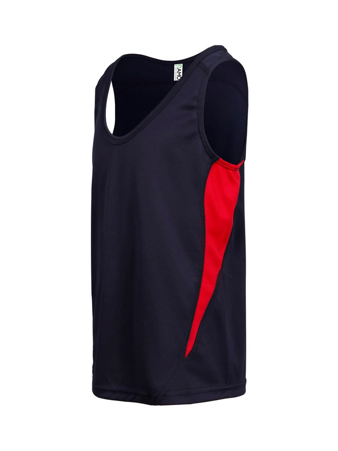 A navy and red kids' singlet featuring a one-sided colour design and a logo on the label.