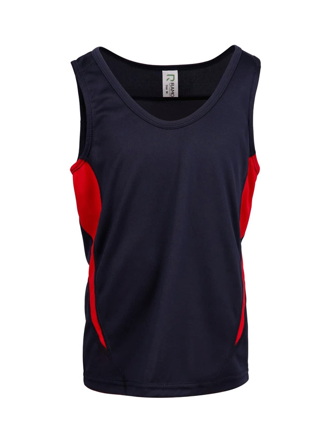 A navy and red kids' singlet with a logo, made from cool-dry fabric. Perfect for active wear.