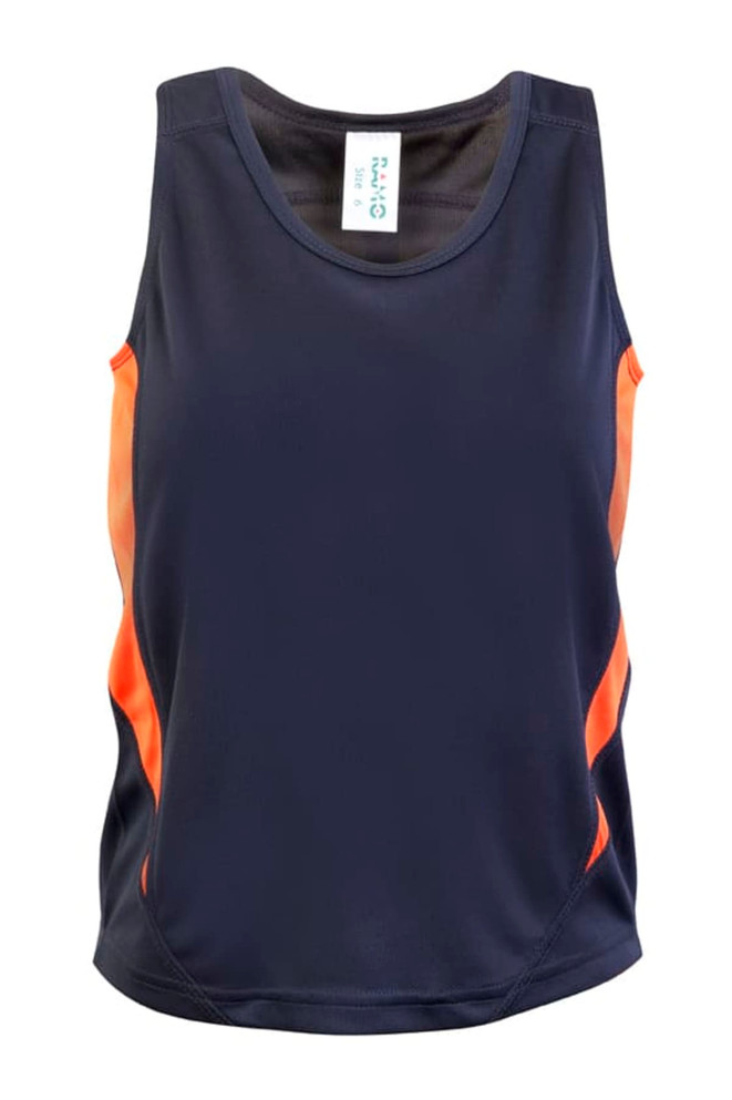 A navy blue kids' singlet featuring orange side accents and a small logo. Ideal for active wear.