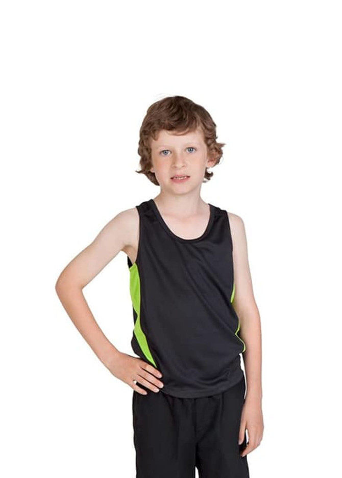 A black and green kids' singlet with a logo, featuring a child posing against a white background.