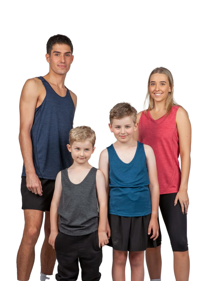 A group of four people wearing singlets in navy, grey, teal, and pink, showcasing casual athletic wear.