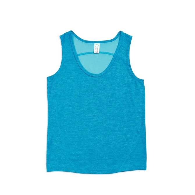 A bright blue kids' singlet made from 100% polyester, featuring a logo.