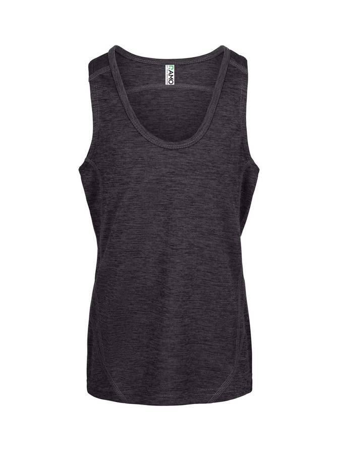 A black sleeveless singlet made from 100% polyester, featuring a logo on the label.