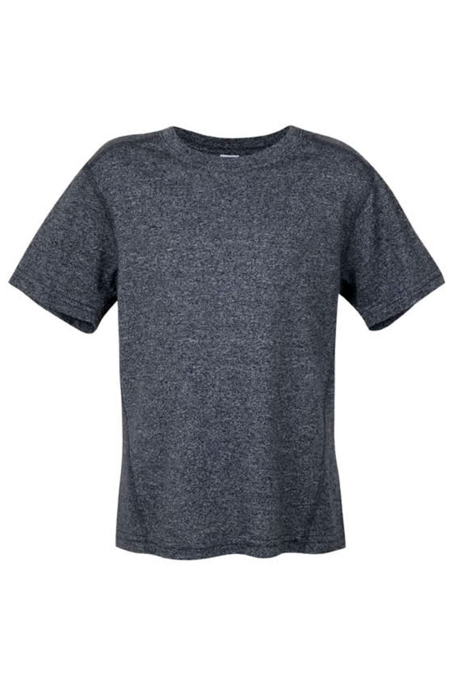 A grey heather kids' t-shirt with short sleeves, featuring a simple design and a logo.