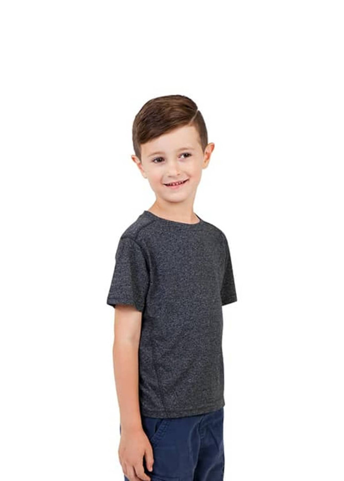 A child wearing a grey heather T-shirt, smiling against a white background. The shirt features a logo on it.